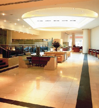 The spacious lobby features luxe contemporary design